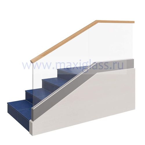 Стеклянное ограждение лестницы на зажимном профиле SmartRail с деревянным поручнем 60х40 на кромку стекла