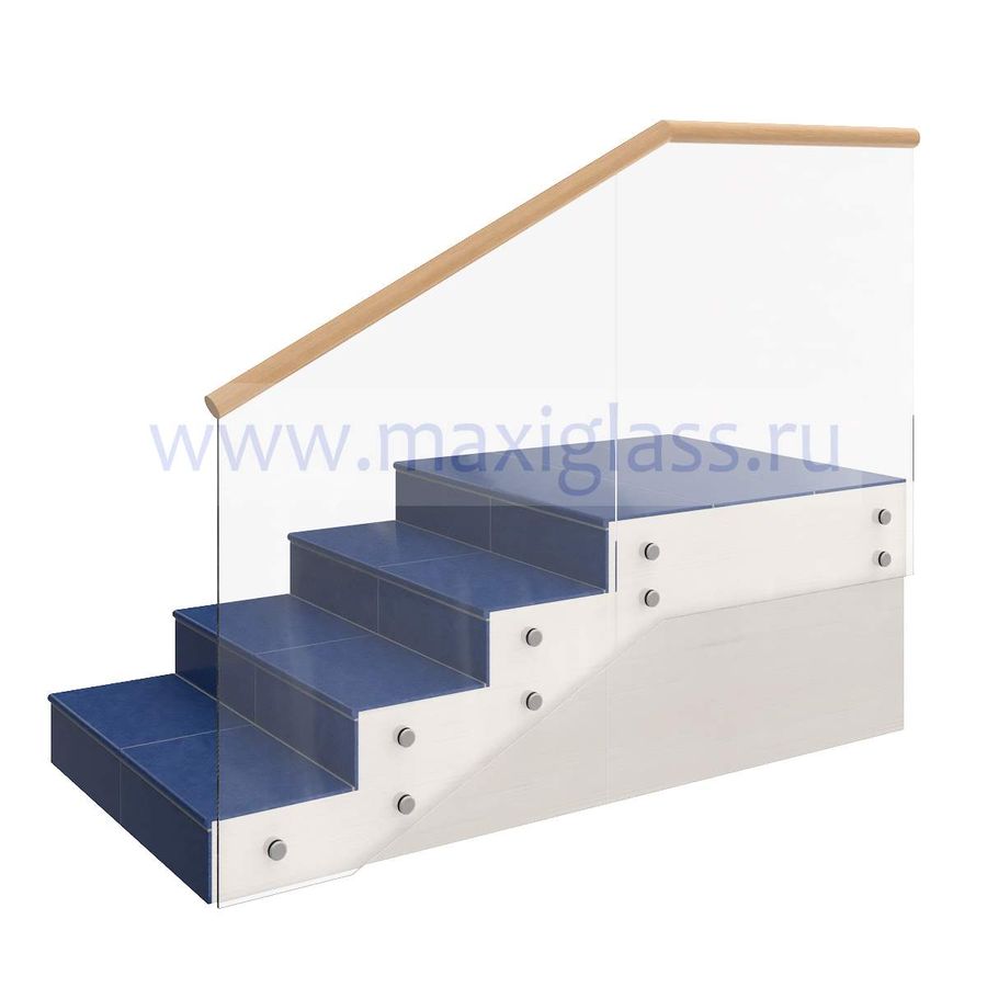 Стеклянное ограждение лестницы на точечных креплениях с деревянным круглым поручнем 50мм на кромку стекла