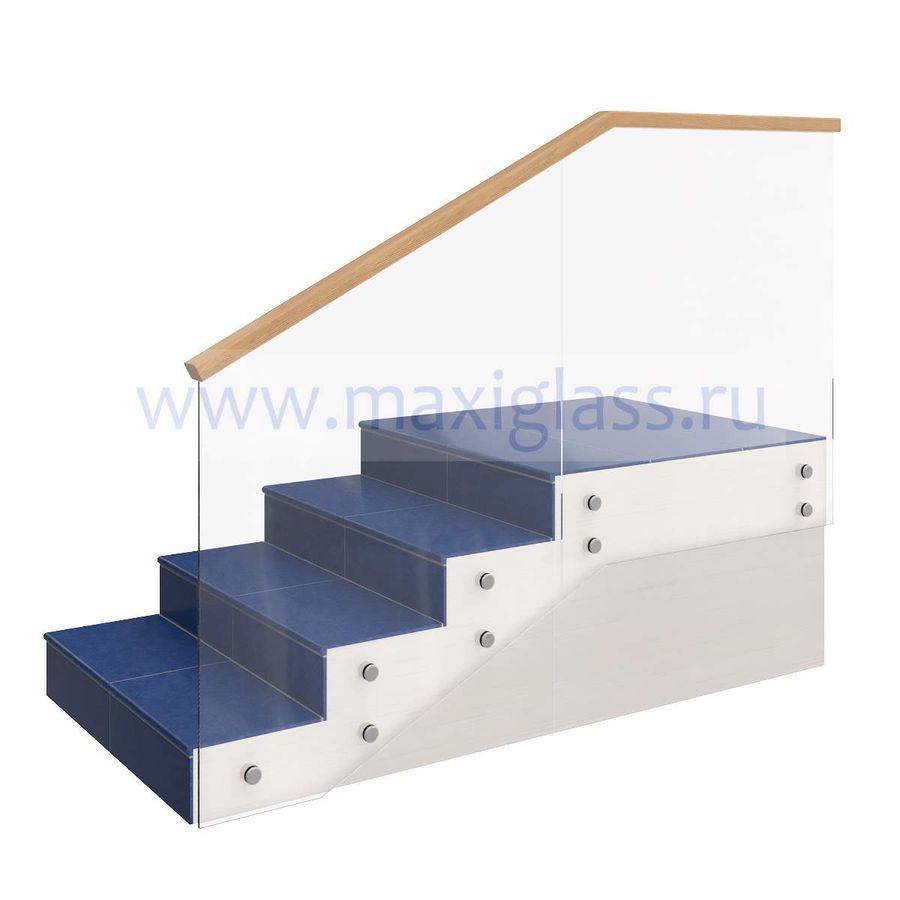 Стеклянное ограждение лестницы на точечных креплениях с деревянным поручнем 60х40 на кромку стекла