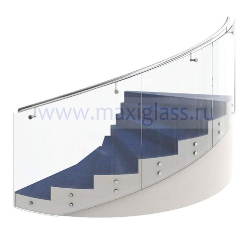 Изогнутое стеклянное ограждение лестницы на точечных креплениях с нержавеющим круглым поручнем 50мм с боковыми креплениями