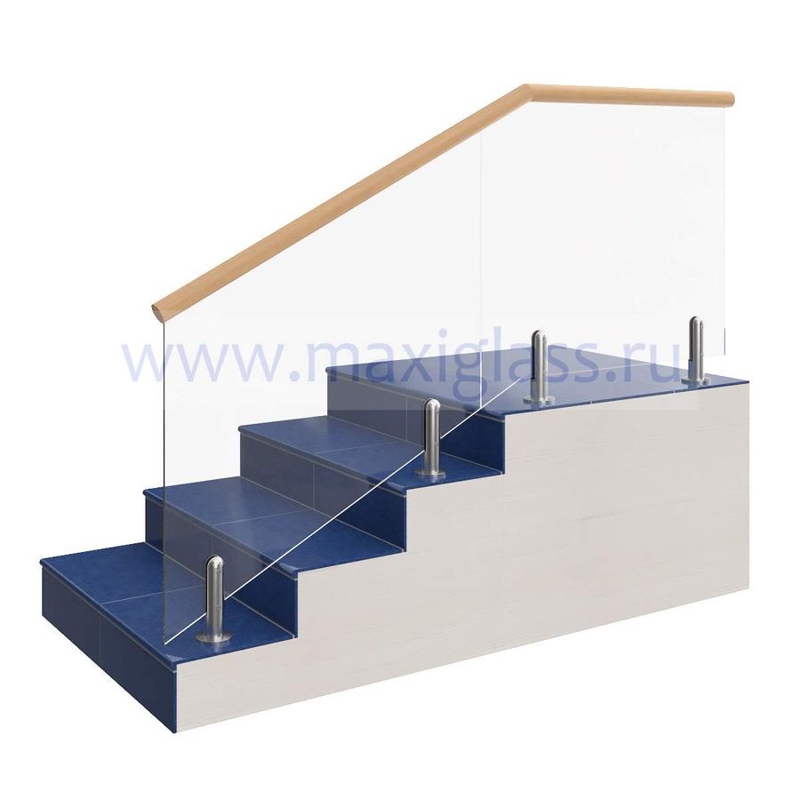 Стеклянное ограждение лестницы на круглых министойках с деревянным круглым поручнем 50мм на кромку стекла