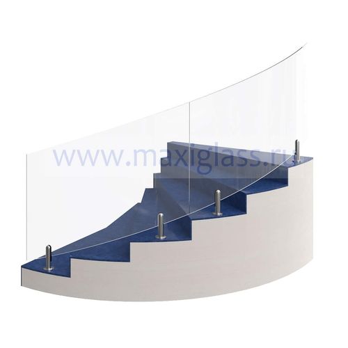 Изогнутое стеклянное ограждение лестницы на круглых министойках без поручня
