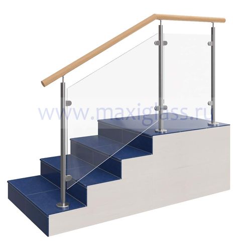 Ограждение лестницы на стойках из нержавеющей стали со стеклом и круглым деревянным поручнем (зажимные стеклодержатели)