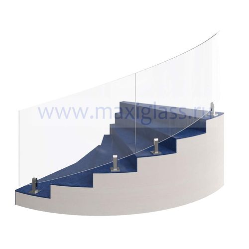 Изогнутое стеклянное ограждение лестницы на квадратных министойках без поручня