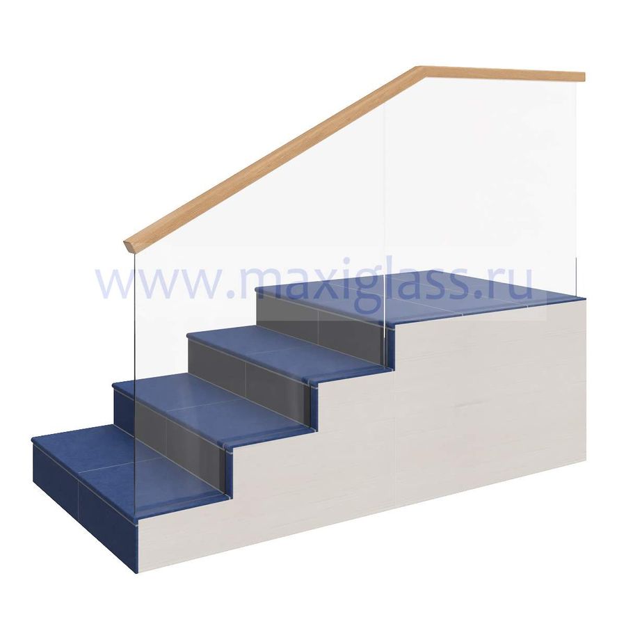 Стеклянное ограждение лестницы со скрытым креплением с деревянным поручнем 60х40 на кромку стекла