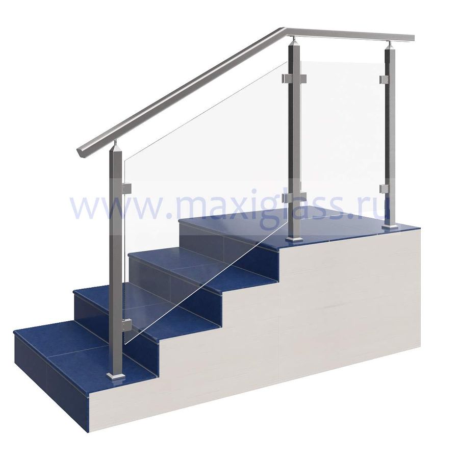 Ограждение лестницы на стойках 40х40 из нержавеющей стали со стеклом и нержавеющим поручнем 40х60 (зажимные стеклодержатели)