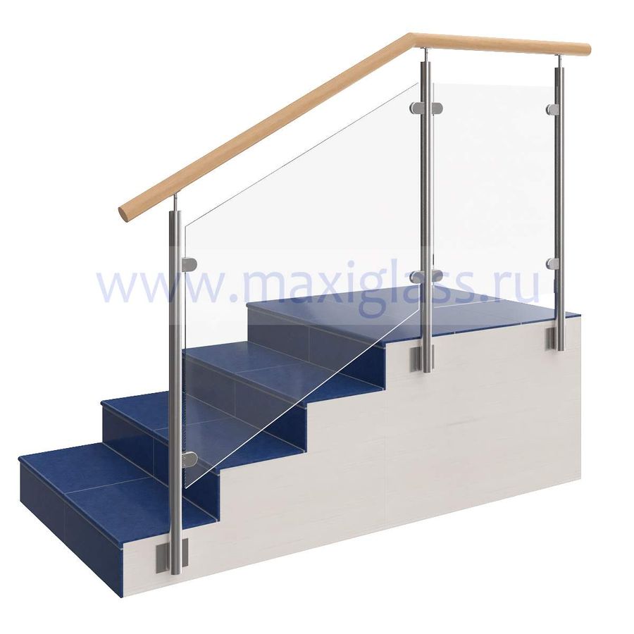 Ограждение лестницы на боковых стойках из нержавеющей стали со стеклом и круглым деревянным поручнем (зажимные стеклодержатели)
