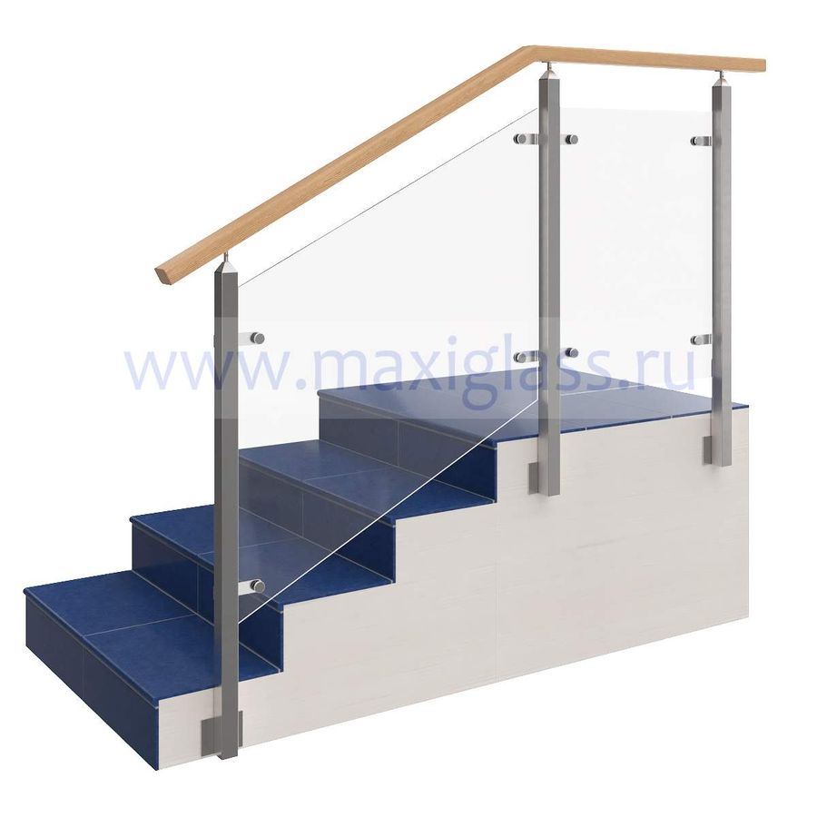 Ограждение лестницы на боковых стойках 40х40 из нержавеющей стали со стеклом и деревянным поручнем 40х60 (точечные стеклодержатели)